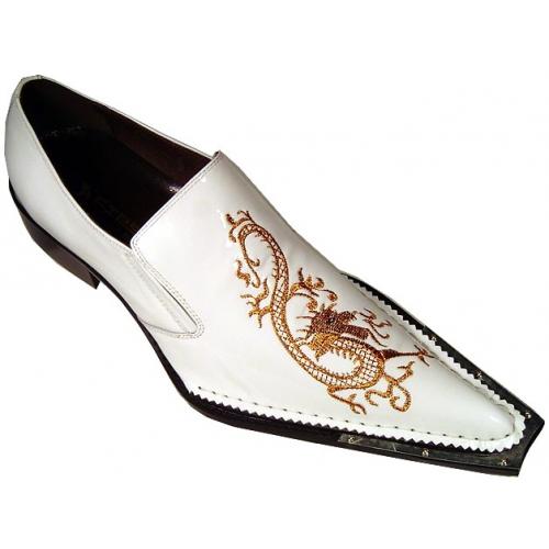 Fiesso White Copper Embroidered Dragon Shoes w/Metal Tip FI6206